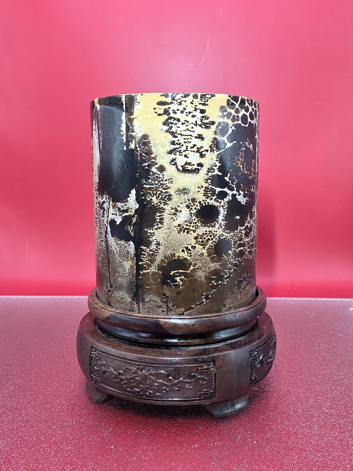 Natural Picture Jasper Vase Quartz Crystal On A Wood Holder Reiki healing 2+LB