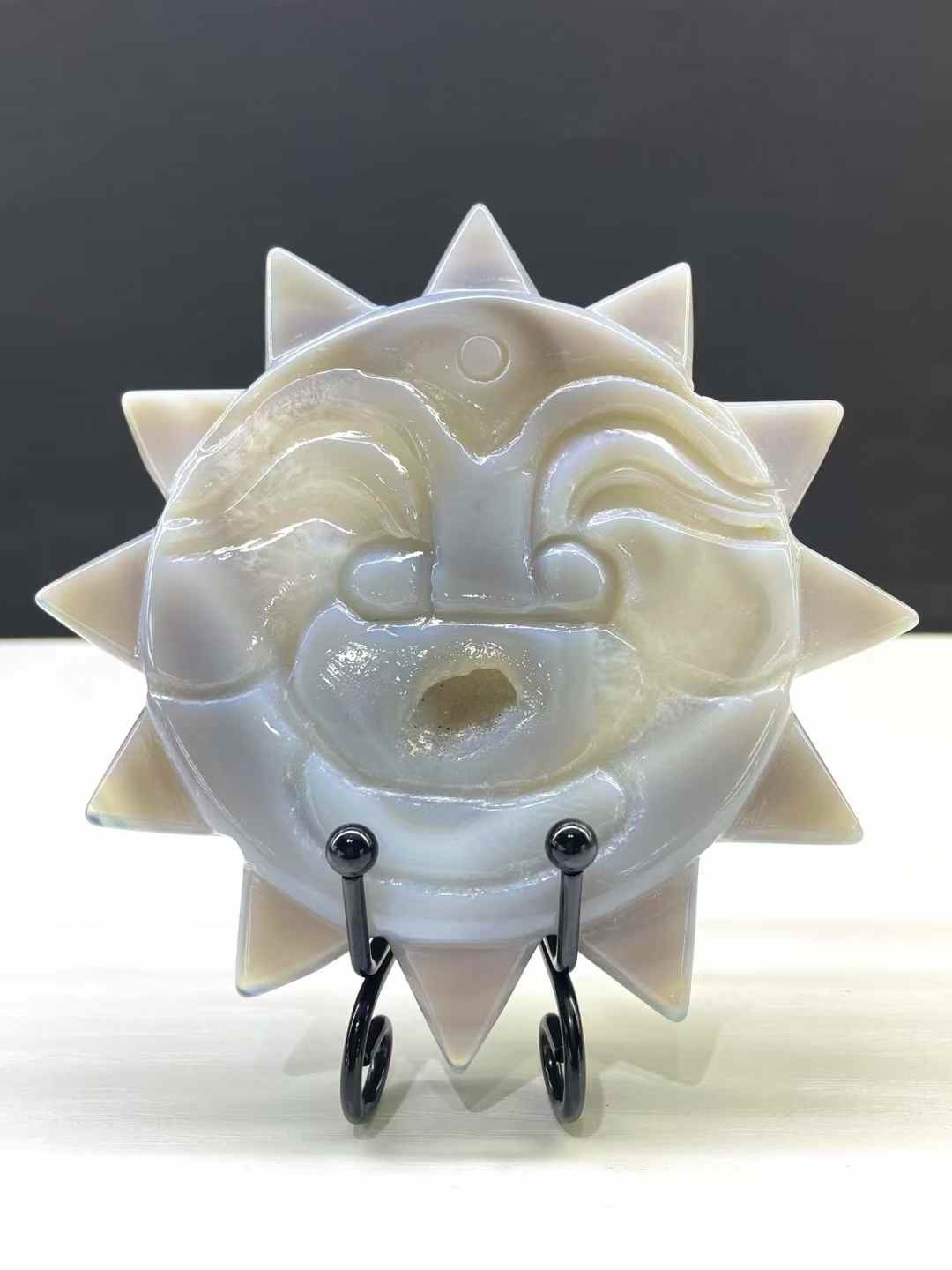 1pc Natural Geode Agate Quartz Carved Sun Crystal Skull Reiki Decor Gift+Stand