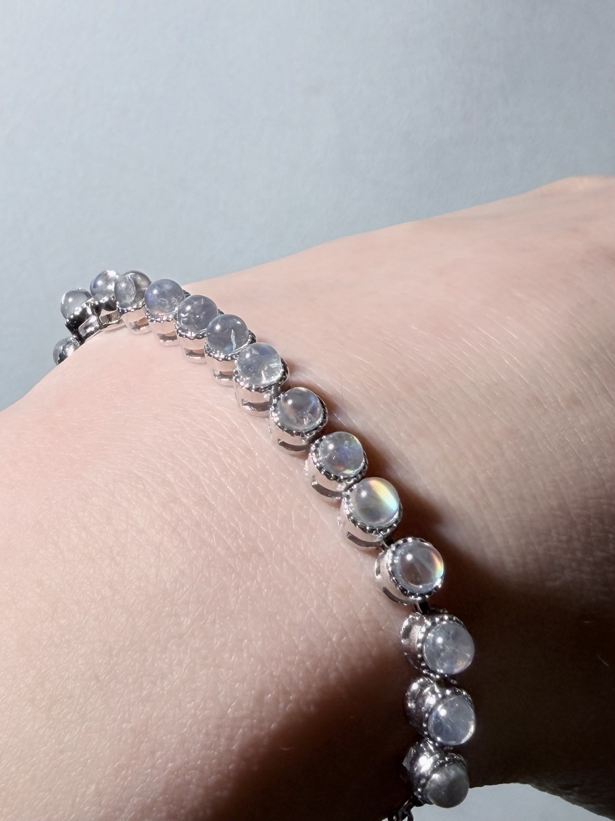Natural Glassy Quality Madagascar Rainbow Moonstone S925 Adjustable Bracelet