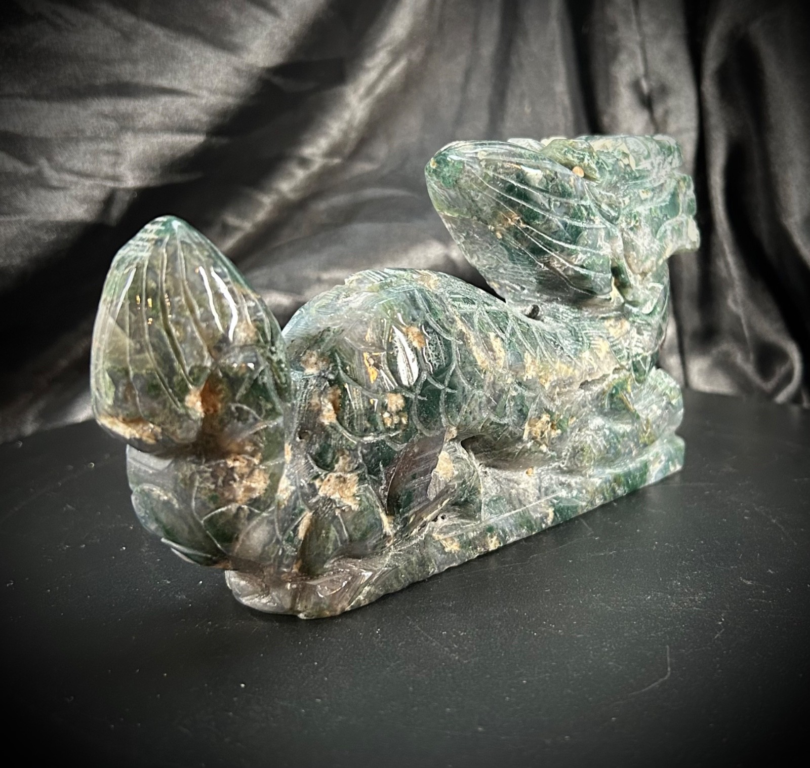 6.5″ Moss Agate Eastern Style Dragon Carving With Druzy All Over 1lb 10.7oz