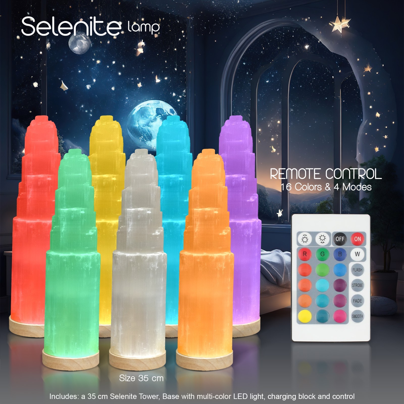 XL Selenite Tower Lamp 14″-35cm with wood base multicolor LED light from Morroco
