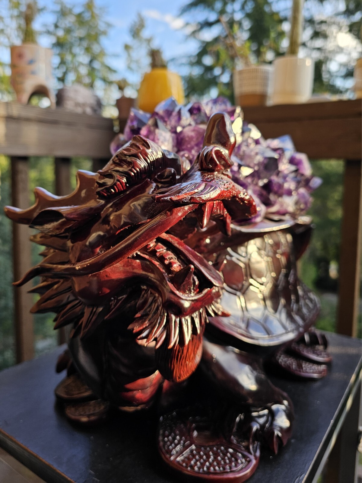 Rare Feng Shui Dragon Turtle with Large Amethyst Cluster