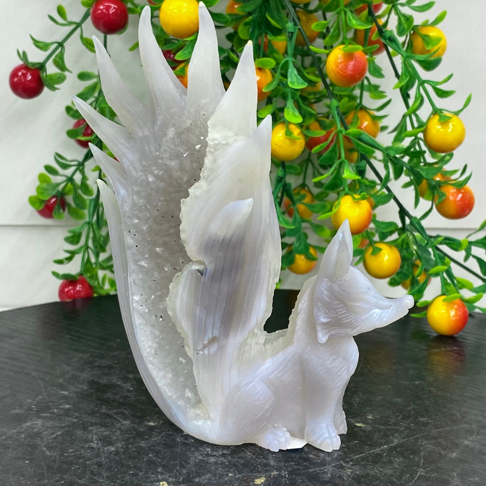 449G Natural Agate Geode Hand Carved Nine-tailed Fox Quartz Crystal Decor