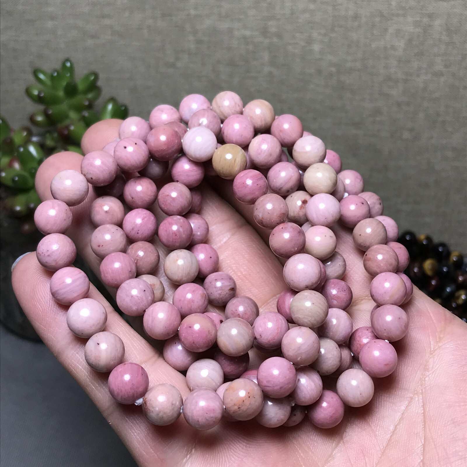 5Pcs Wholesal Natural Redwood pattern Pink bracelets Crystal ball sphere 8mm