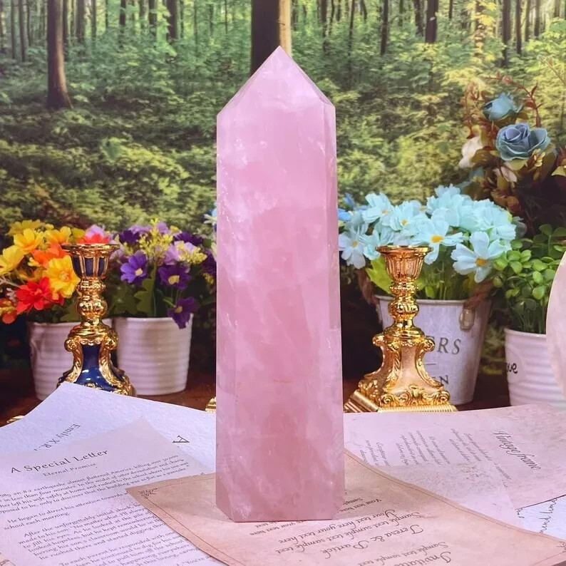 Natural Rose Quartz Tower Point Wand Obelisk Healing Stone Mineral Home Decor