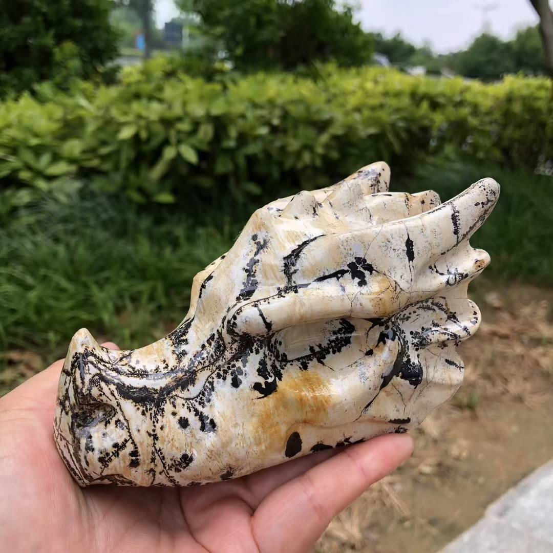 1pc Natural Chinese painting stone Quartz Carved Crystal Dragon Head Skull Decor
