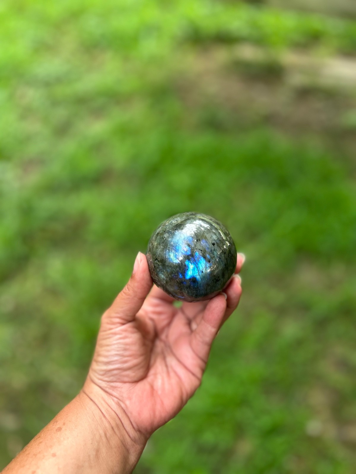 Labradorite crystal sphere, 1 1/2 inches, beautiful colors and flash p