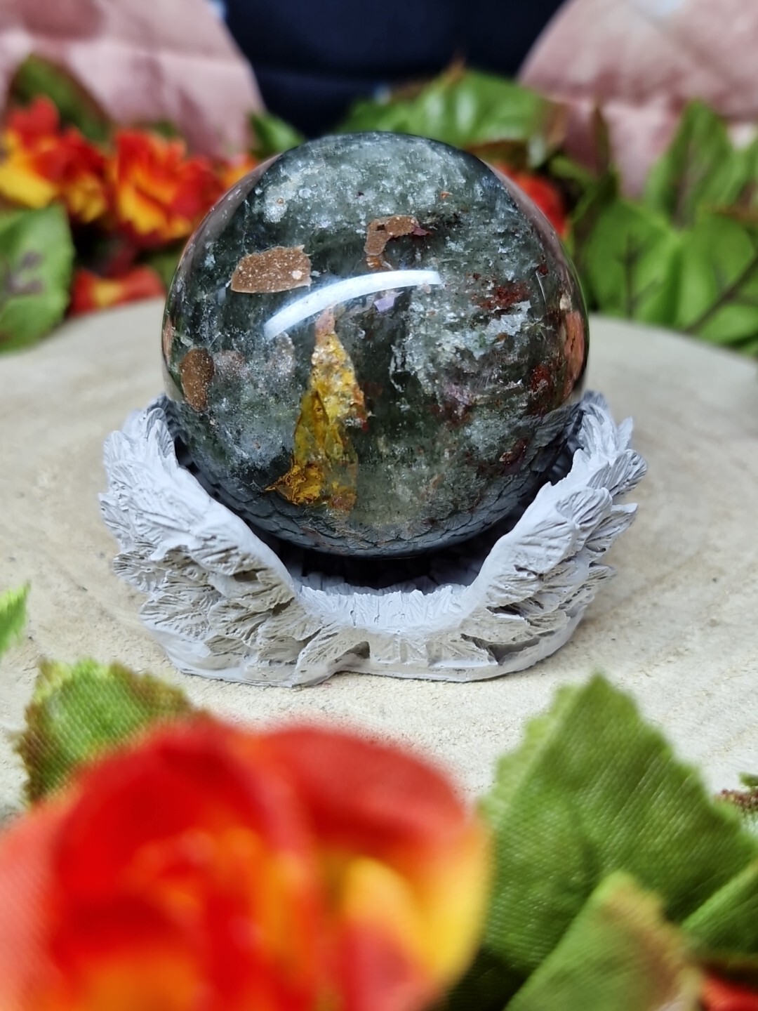 Beautiful Garden Quartz Crystal Sphere 5cm 176g & Handmade Wing Holder