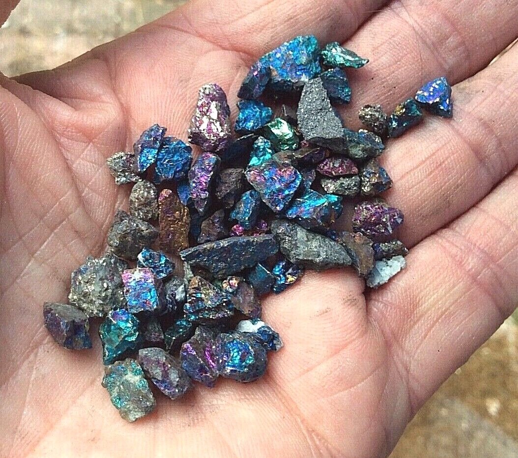 PEACOCK ORE BORNITE 60 – 65 TEENY TINY NUGGETS 2mm – 10mm BAG & ID CARD 25grams