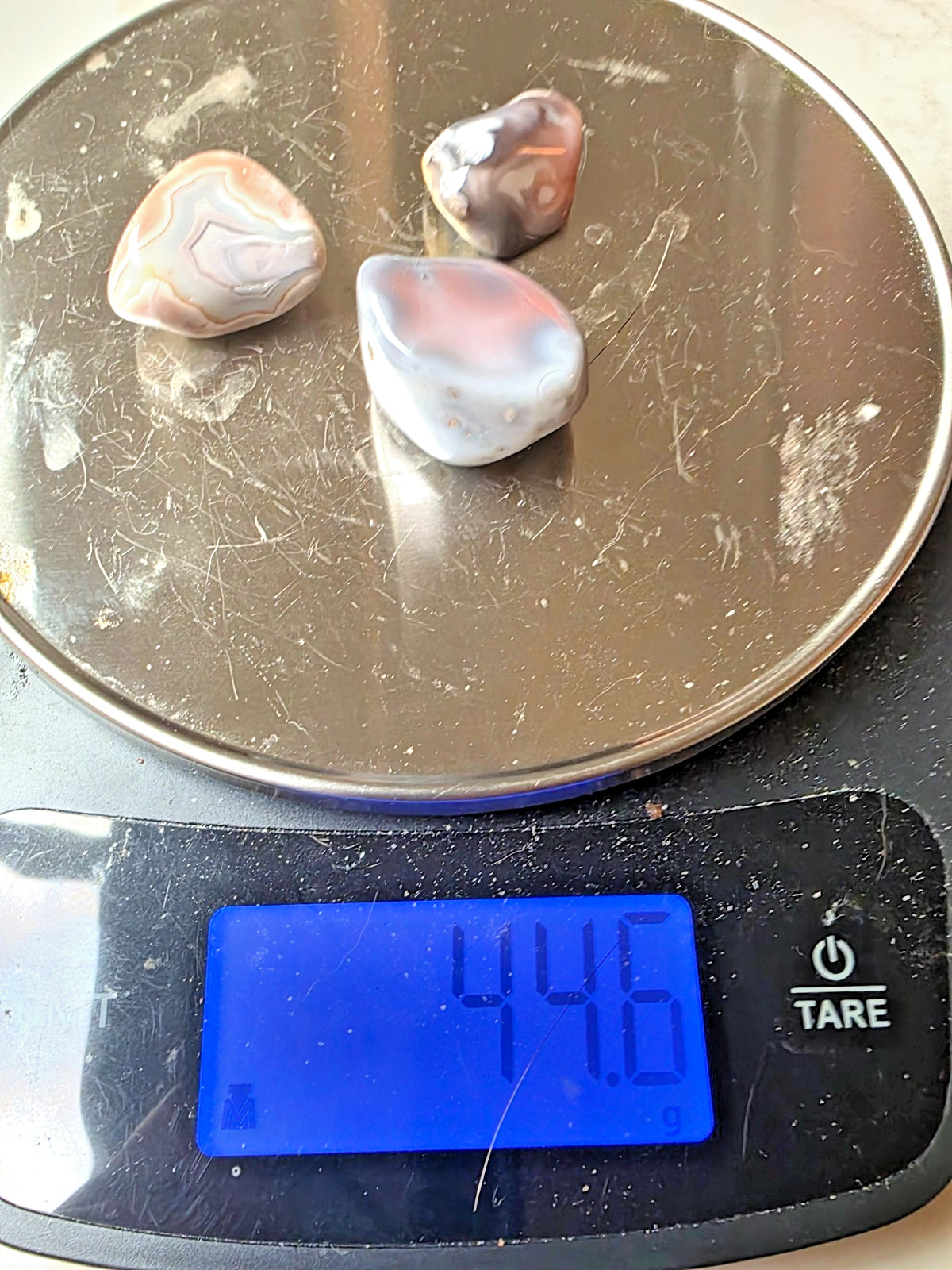 3 POLISHED BOTSWANA AGATEs , 44.6 Grams Bands , Greys , Pinks . Nice Lot