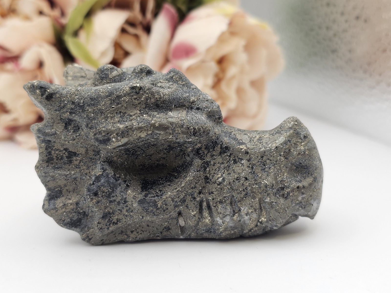 Pyrite crystal Dragon head Carving 6.7 X 4cm 193g Abundance Wealth