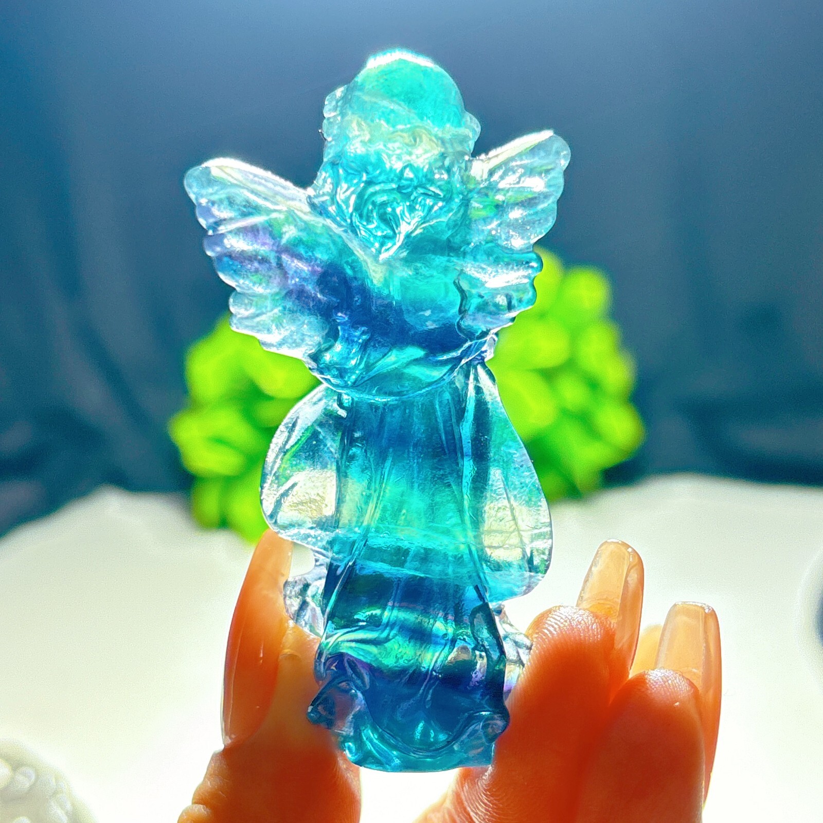 1PC Natural rainbow fluorite carving angel quartz crystal healing gift