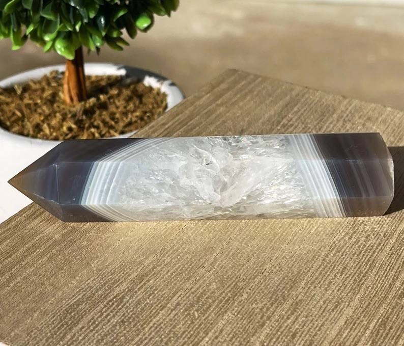Botswana Agate Tower • Blue Grey Agate & Rainbow Quartz • Unique Crystals