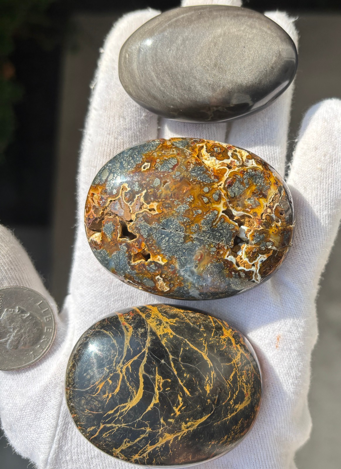 LOT MULTI-COLORED MARCASITE/MIZONE OPAL/SHEEN OBSIDIAN PALMSTONES PALM STONE