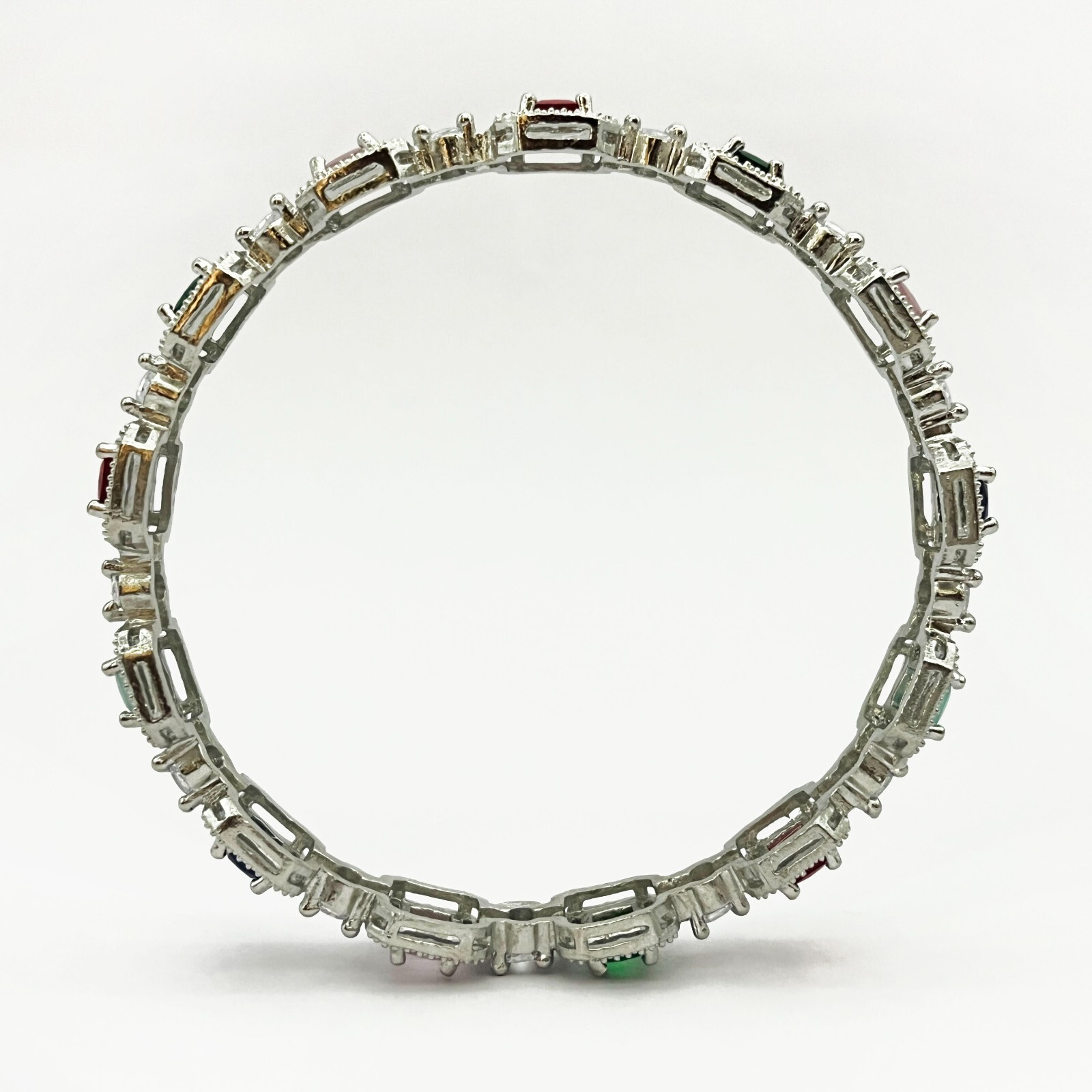 Silver Plated Multi Gemstone Bangle – Prong Setting Ethnic Jewelry for Her