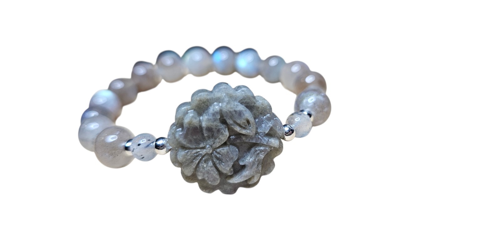 Natural Labradorite 10mm Bracelet With a 26mm Labradorite Flower