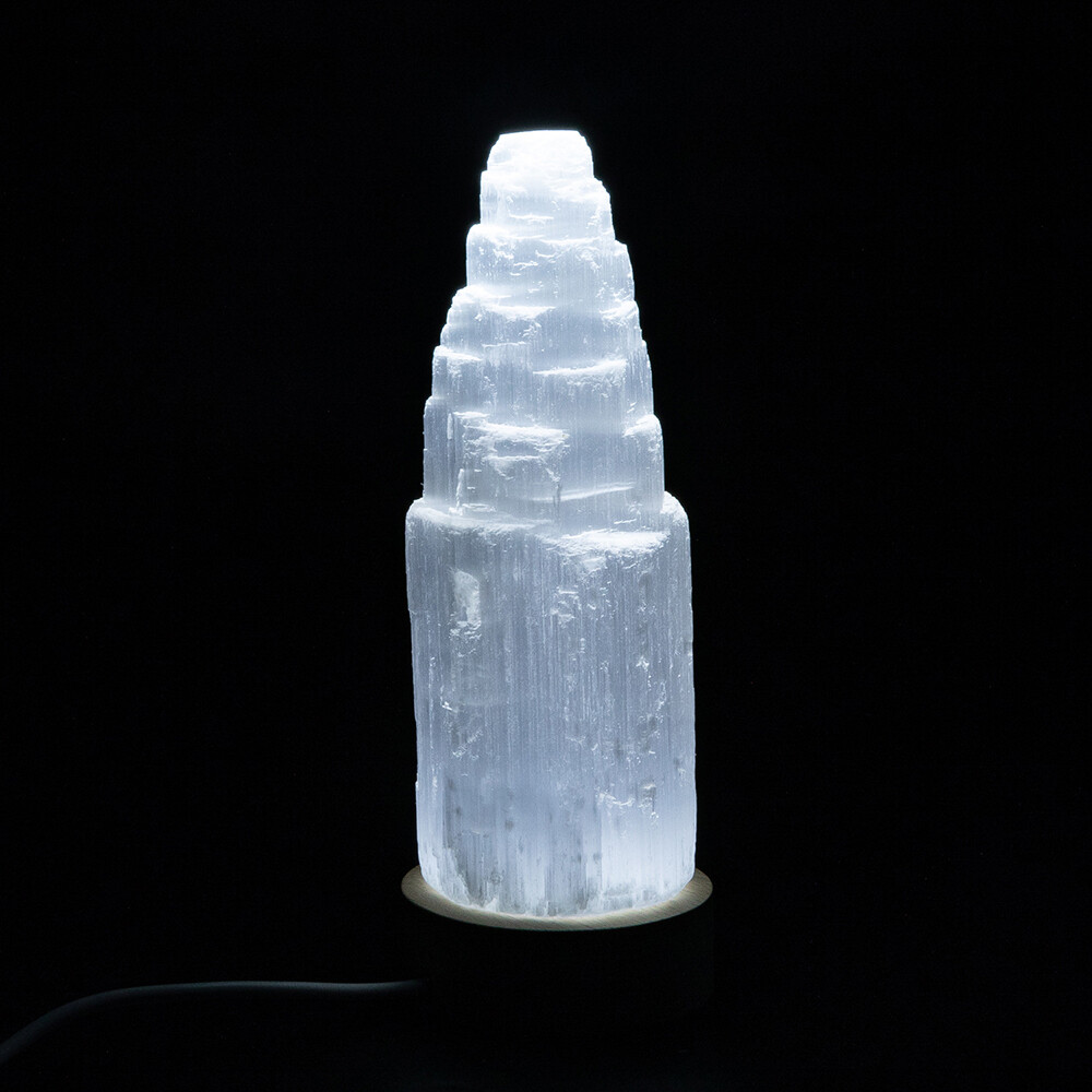 Selenite Lamp Crystal Gemstone Selenite Tower Point Lamp W/LED Light Base Reiki