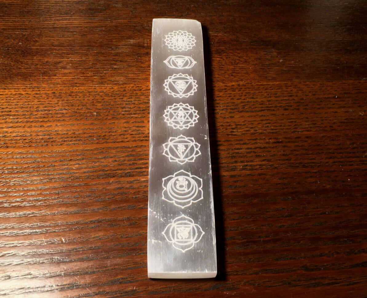8 ” Polished Selenite Charging Plate XL Engraved Chakra Crystal Display Flat Wan