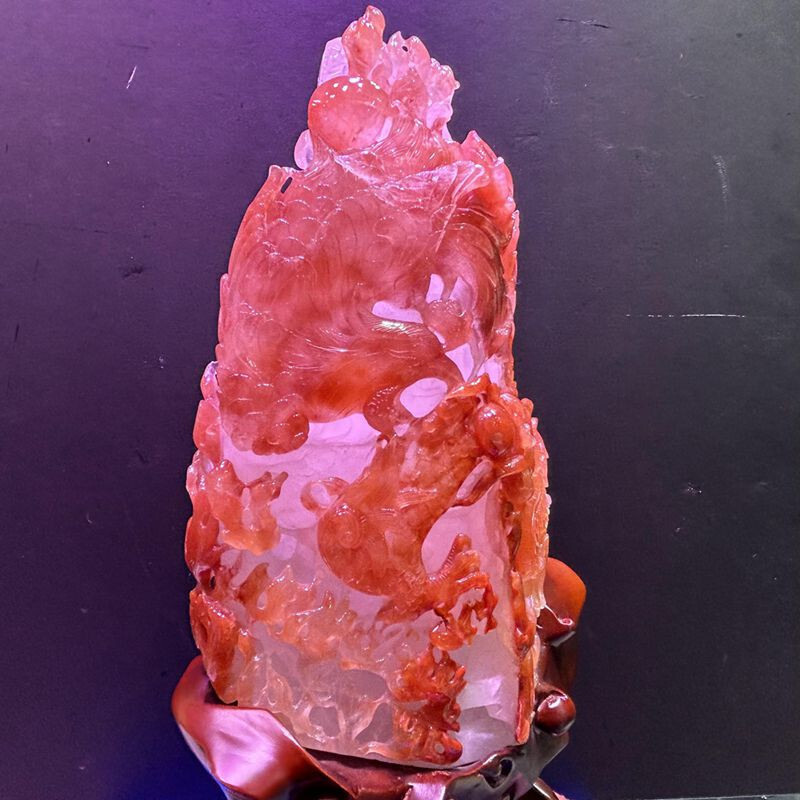 12LB Top Natural Red quartz crystal Dragon + Phoenix Carved Crystal skull Reiki
