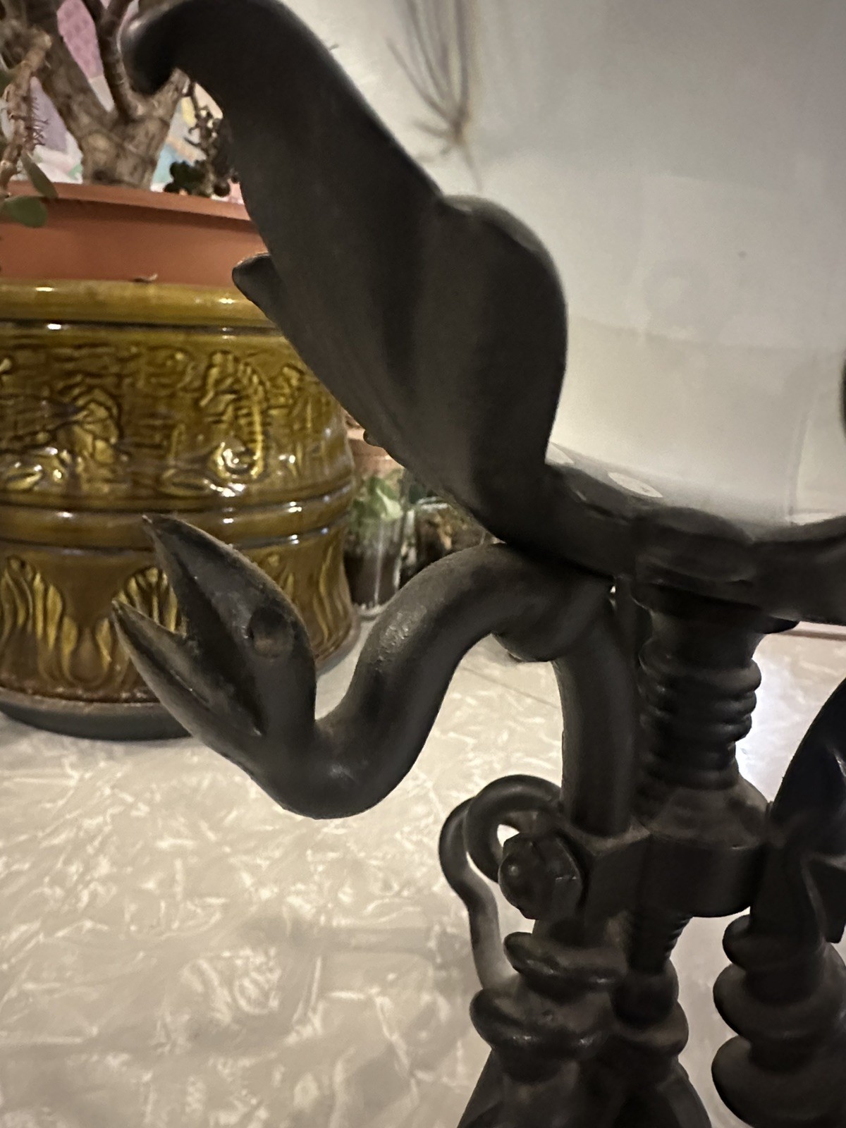 Large Victorian / Art Nouveau Crystal Ball Clear Sphere & Iron Snake Stand