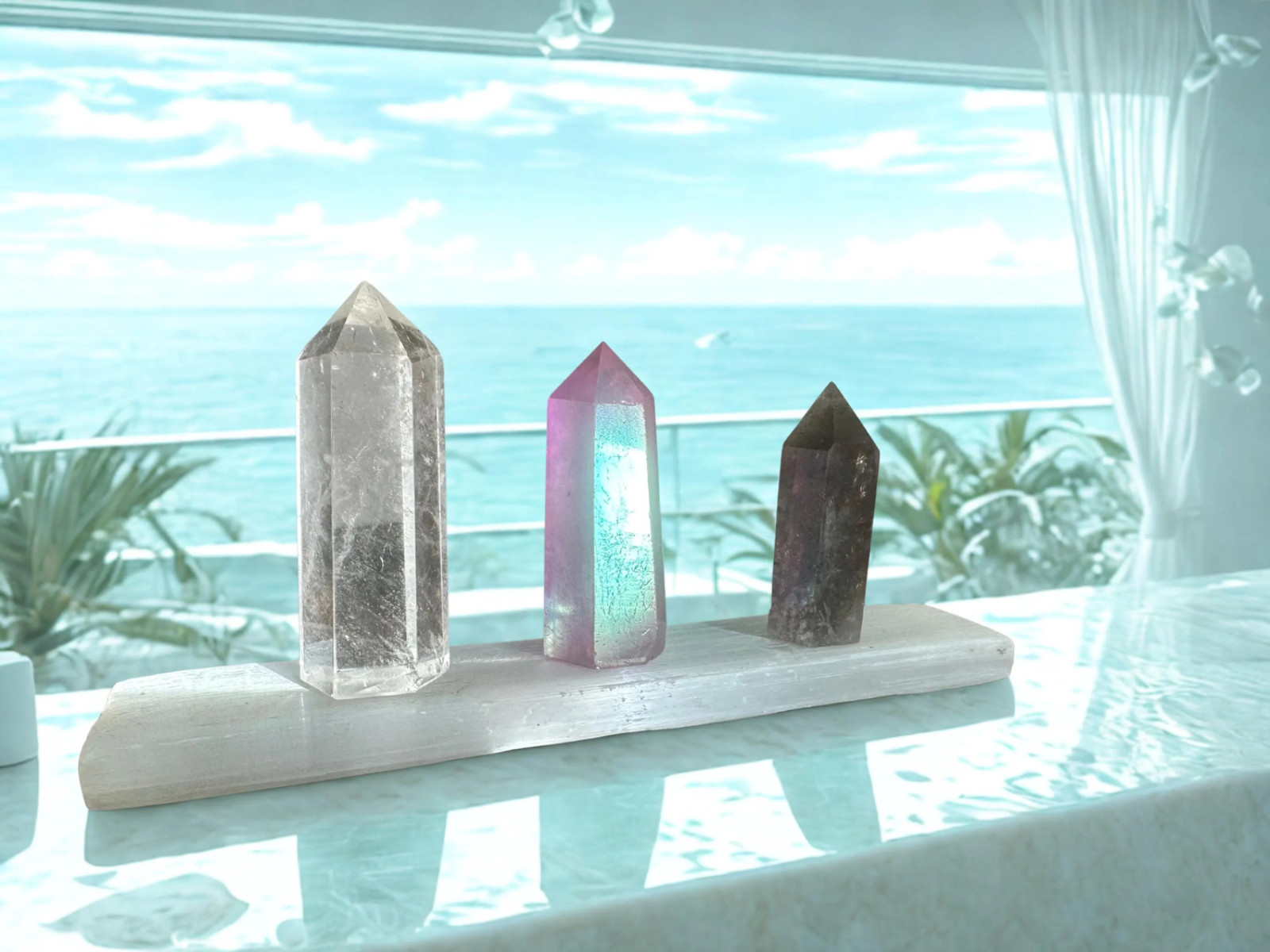 Desk Crystal Set: Selenite, Clear, Smoky, Pink Aura Quartz Towers