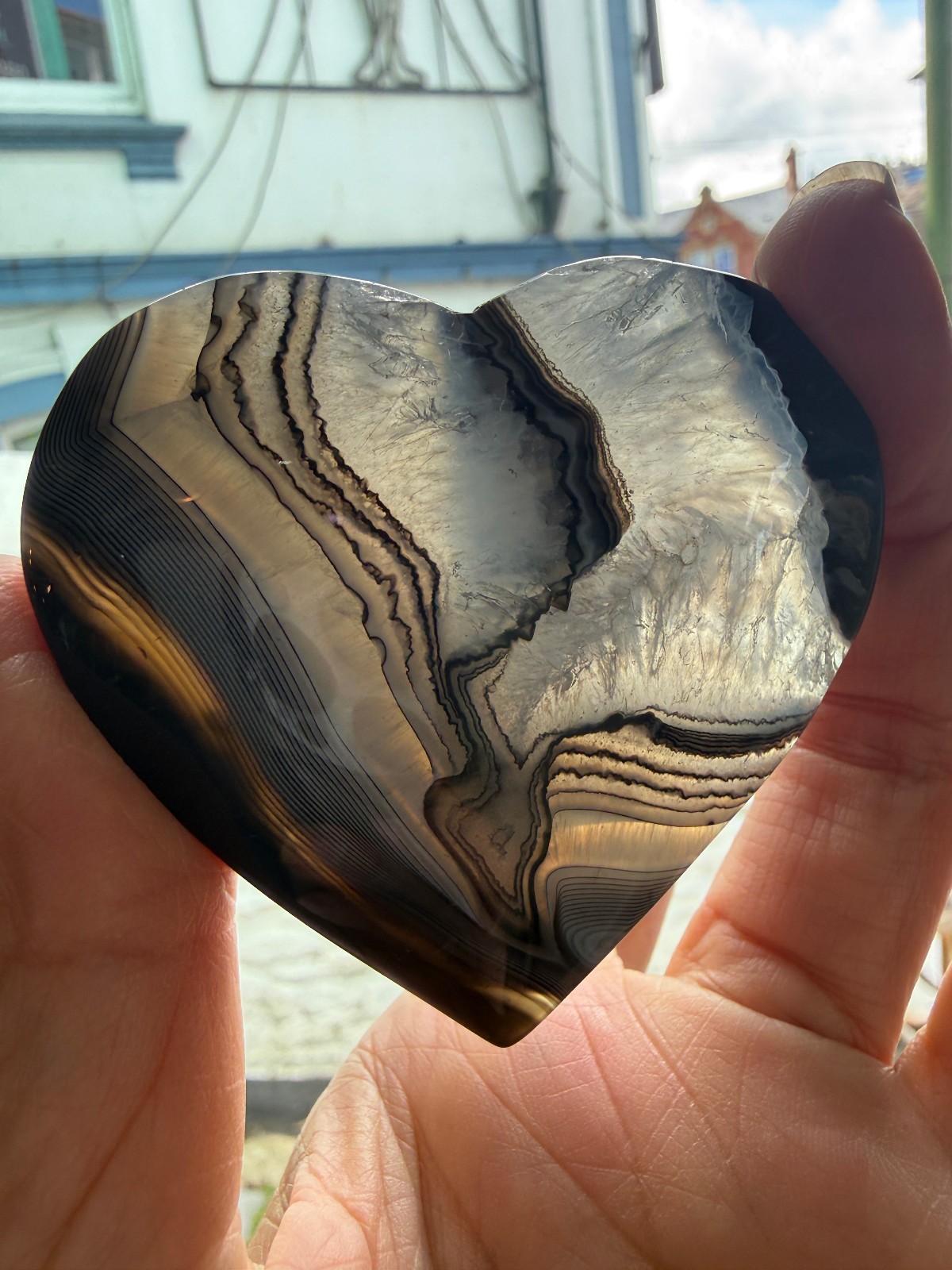 Black and clear banded Botwana Agate Natural Crystal Heart Polished Success 83g