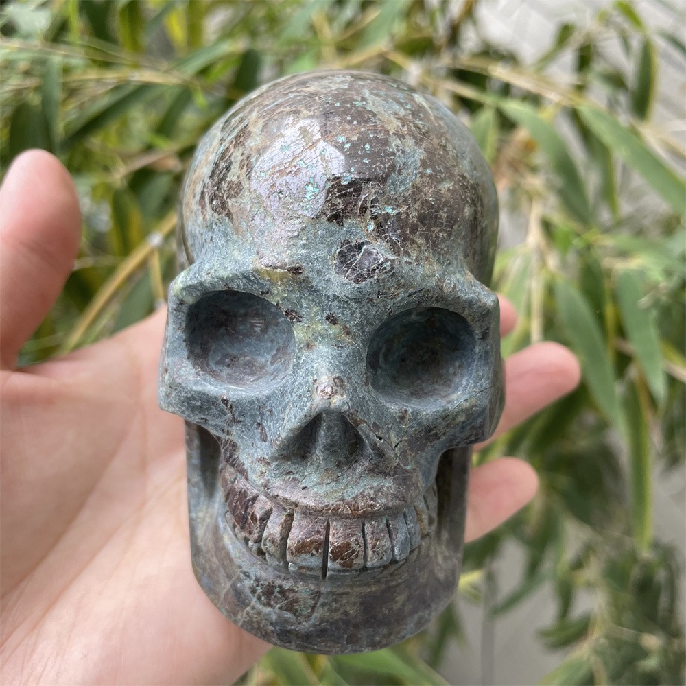 2.2LB 3.8″ Natural Malachite Skull Crystal Quartz Carving Reiki Decor