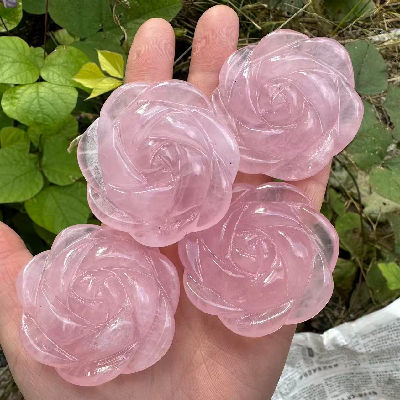 2″ Natural Pink Rose Quartz Carved Rose Flowers Crystal reiki Healing 1pc