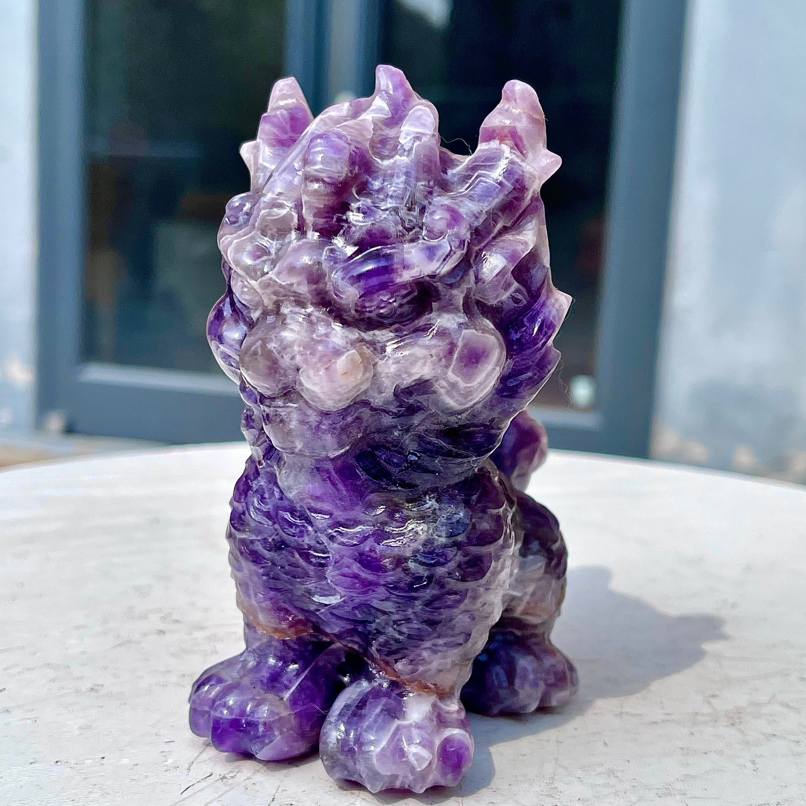 1.49LB Natural dreamy amethyst lion hand carved skull healing