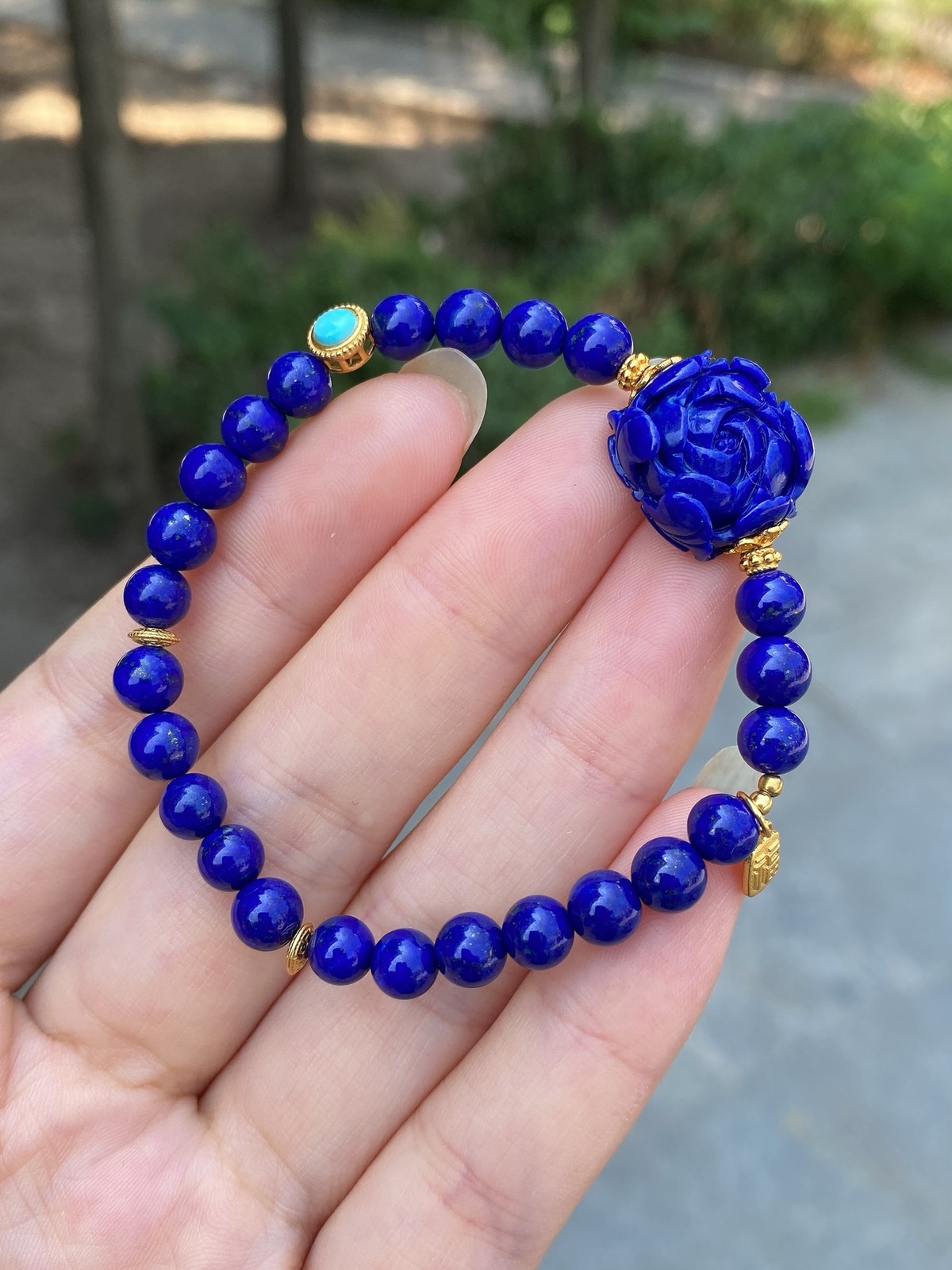 Natural Lapis Single Bracelet Hand Carved Peony Gem Ethnic Layering Wrist Decor