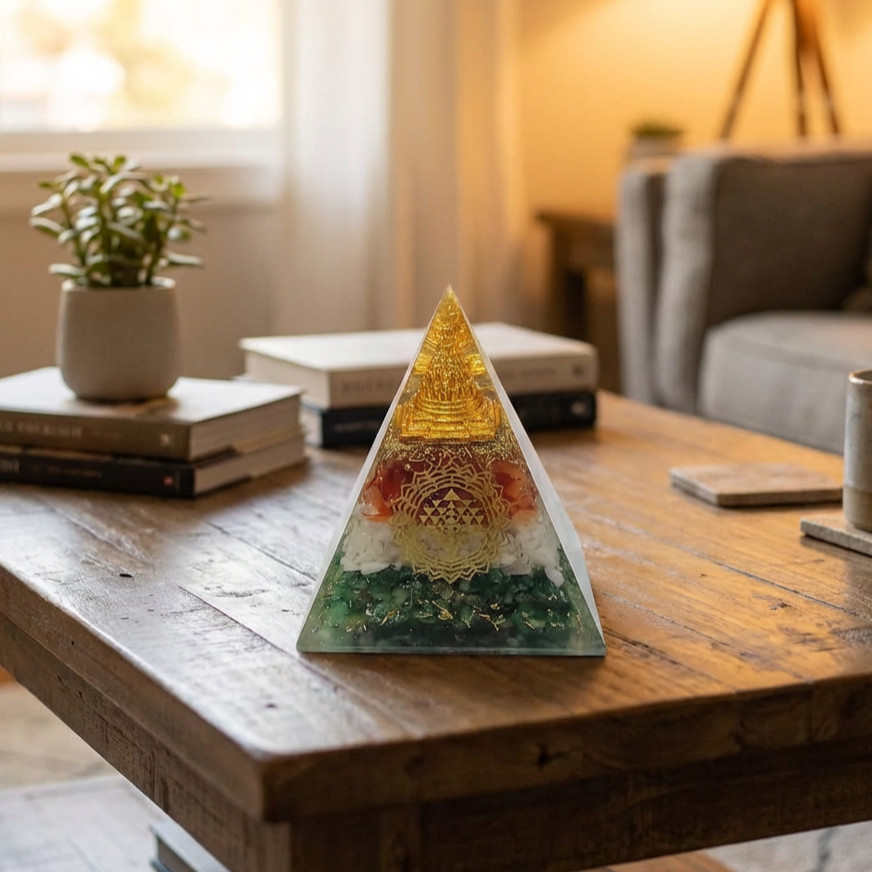 Orgonite Pyramid with Sri Yantra, Green Aventurine, Carnelian & Clear Quartz