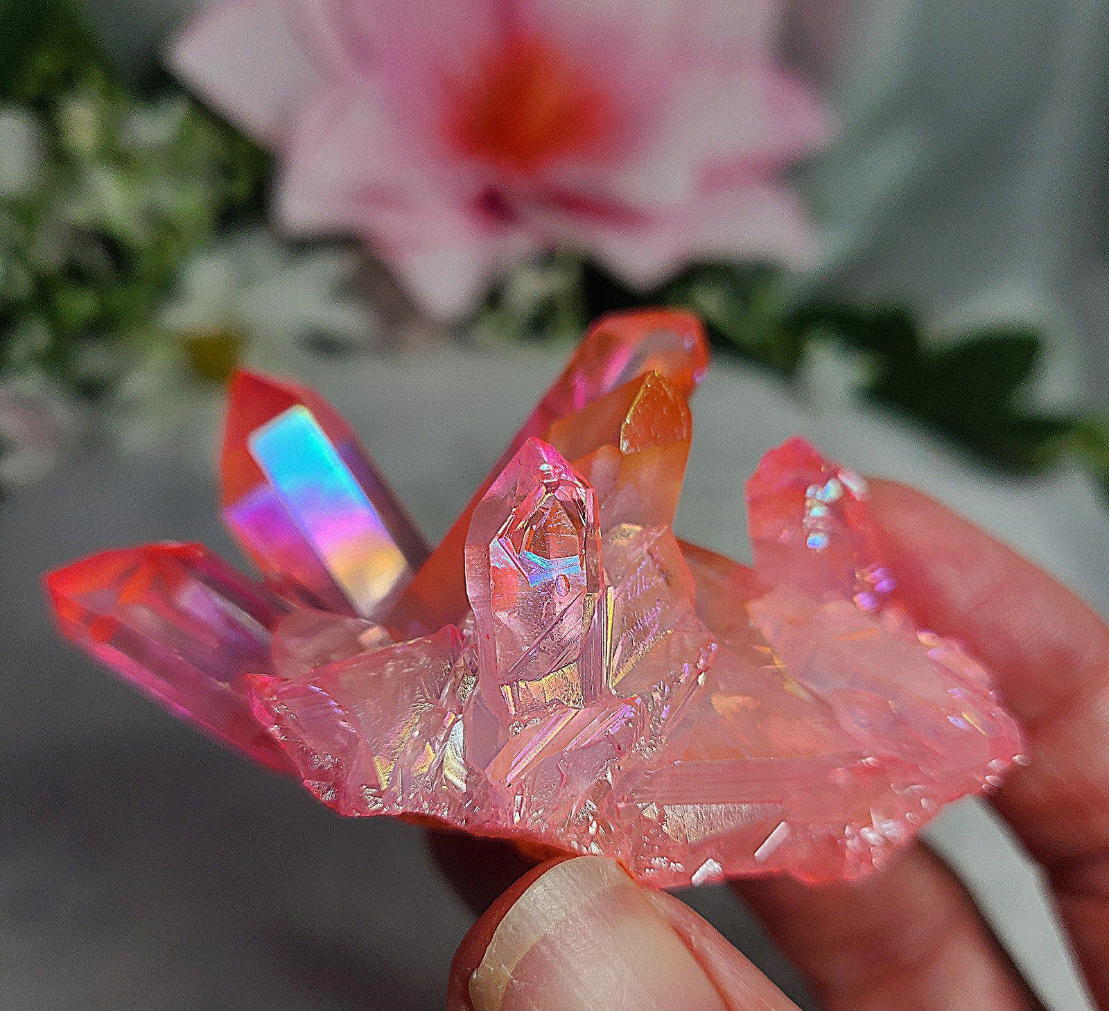 2.6″ 65g Beautiful Brazilian Pink Rainbow Aura Quartz Crystal Cluster Point