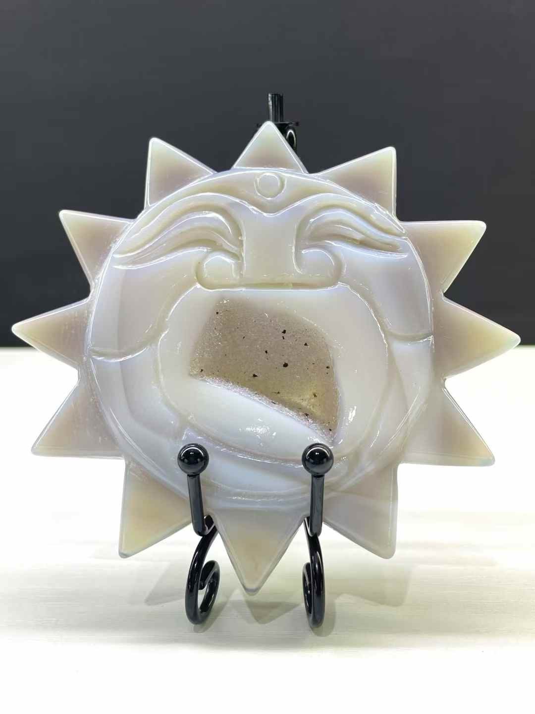 1pc Natural Geode Agate Quartz Carved Sun Crystal Skull Reiki Decor Gift+Stand
