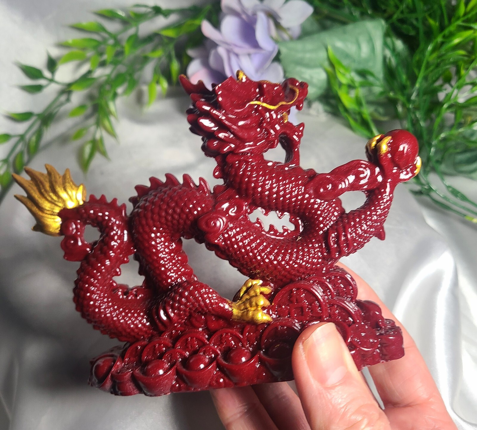 5.7″ Full Body Cinnabar Chinese Dragon w/ Sphere Crystal Stone Carving Statue