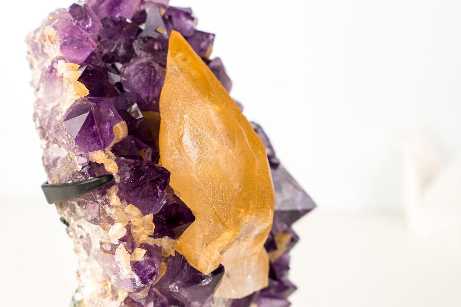 Rare Golden Yellow Calcite Specimen on Deep Purple Amethyst Cluster