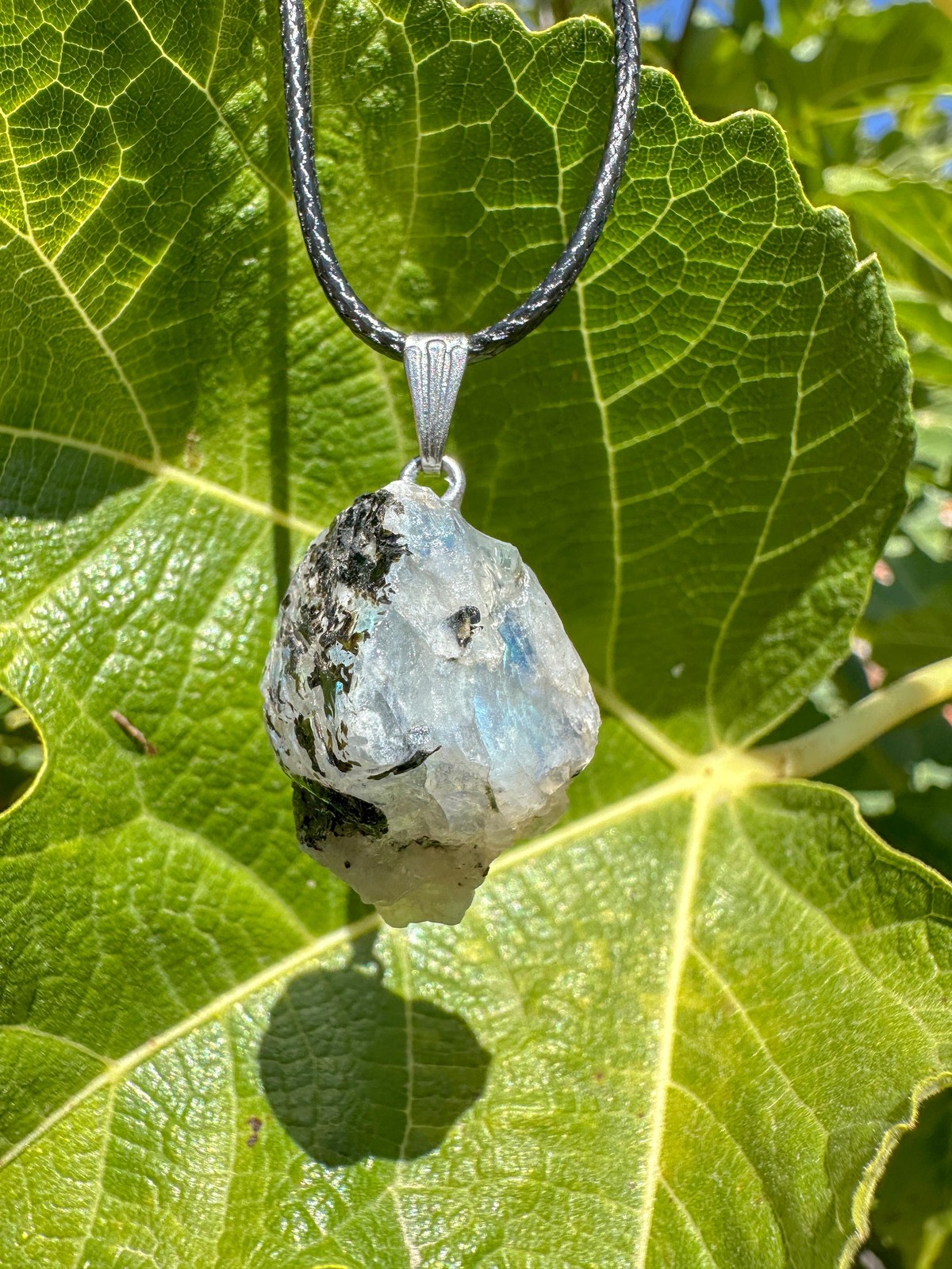 Rough Rainbow Moonstone Pendant / Raw White Blue Moonstone Crystal Necklace