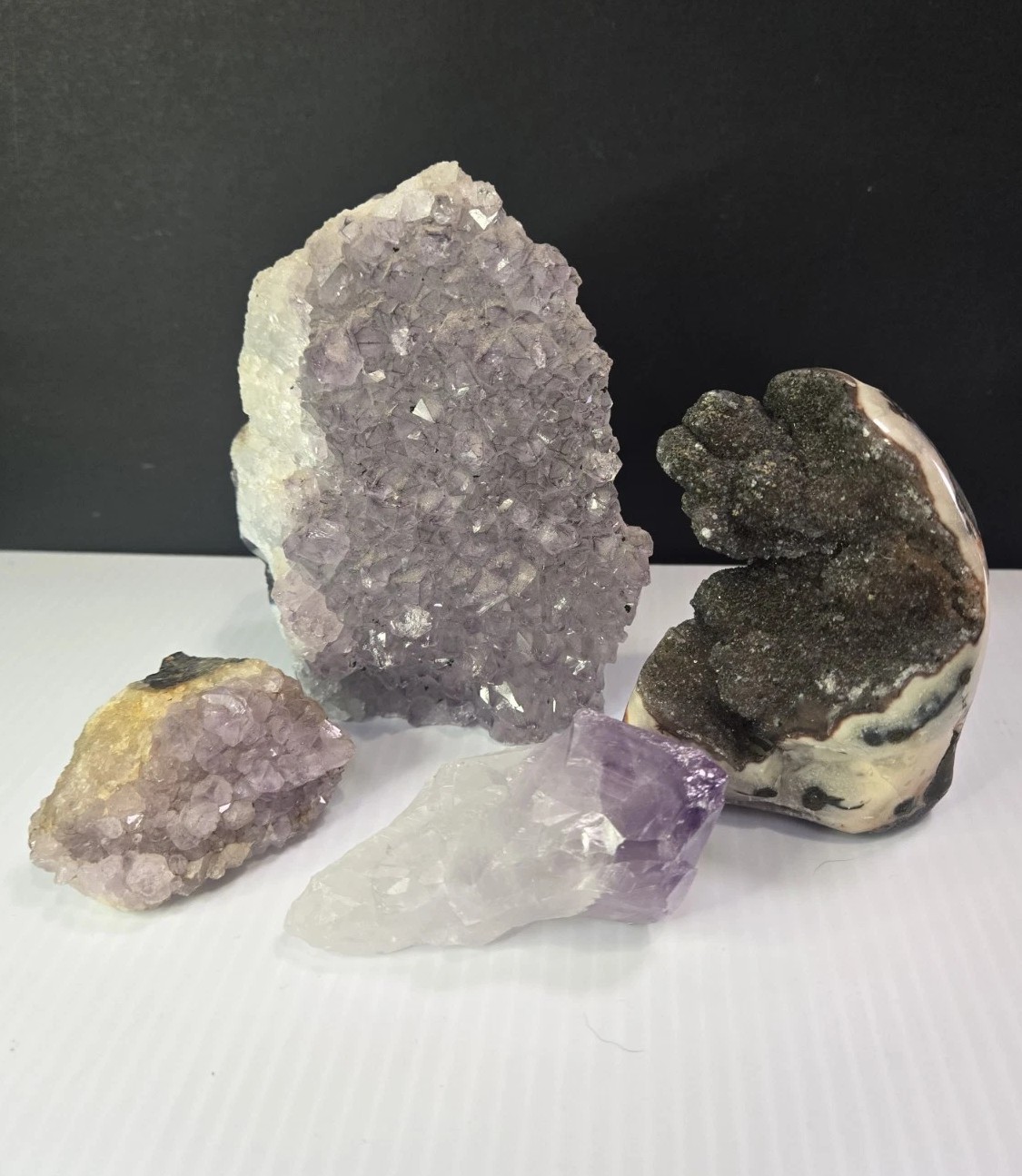 Natural Amethyst Lavendar purple Crystal Geode cluster set lot of 4