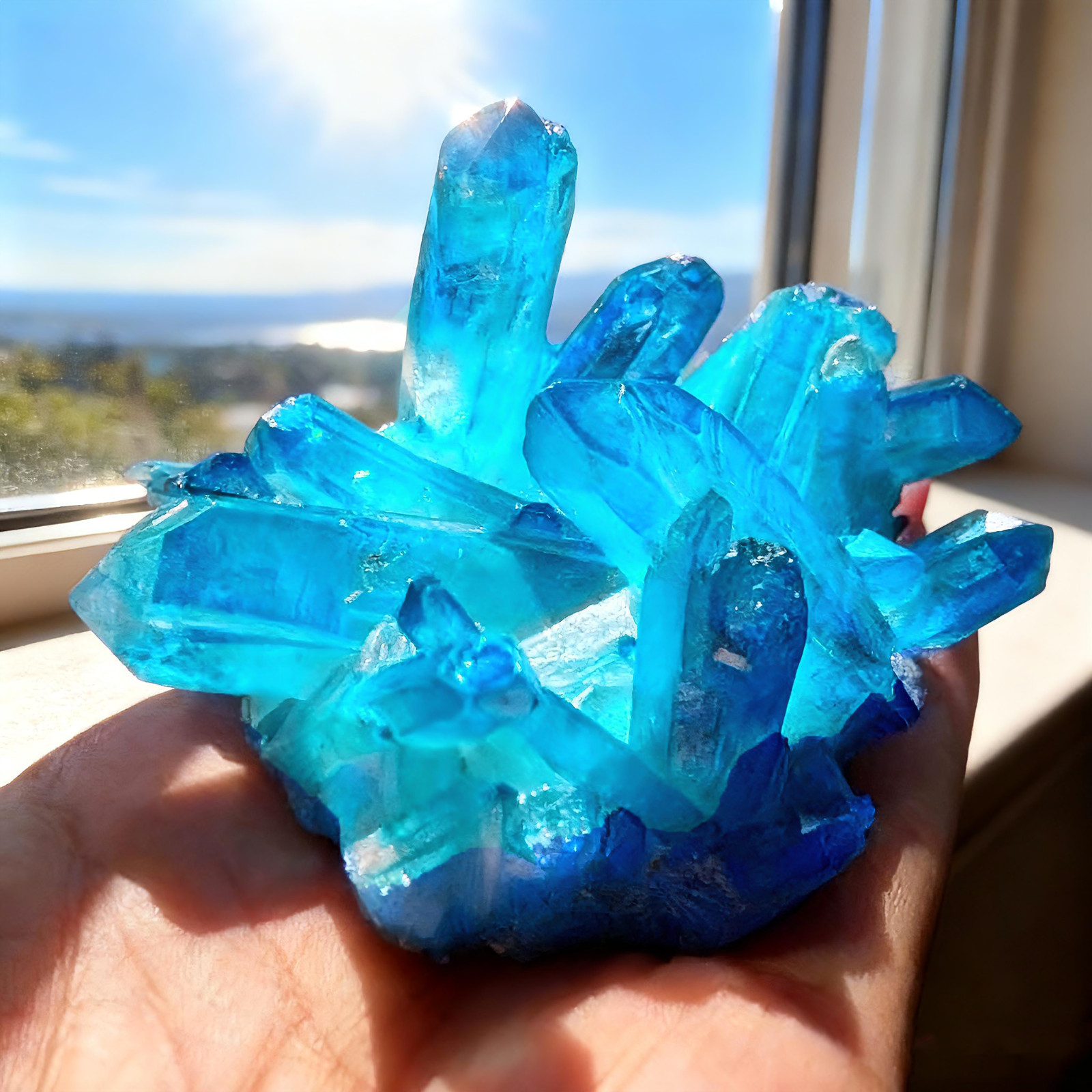 Aqua Aura Blue Quartz Titanium Cluster Mineral Specimen Geode Ornament 80-100g