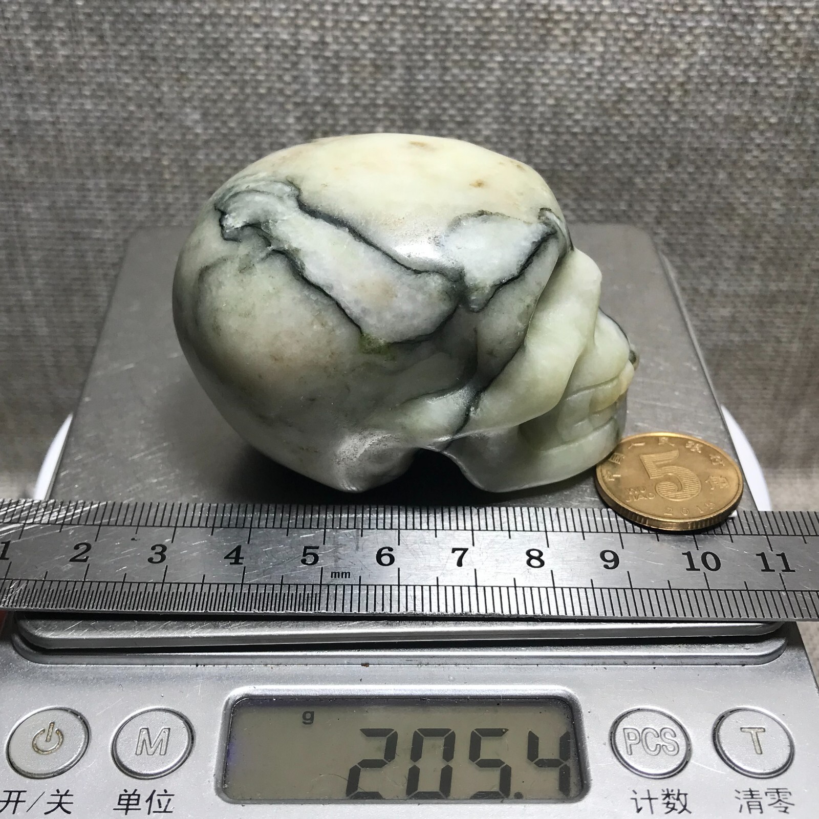 205g Natural Green Network Picasso Jasper Hand Carved Crystal Skull Realistic 10