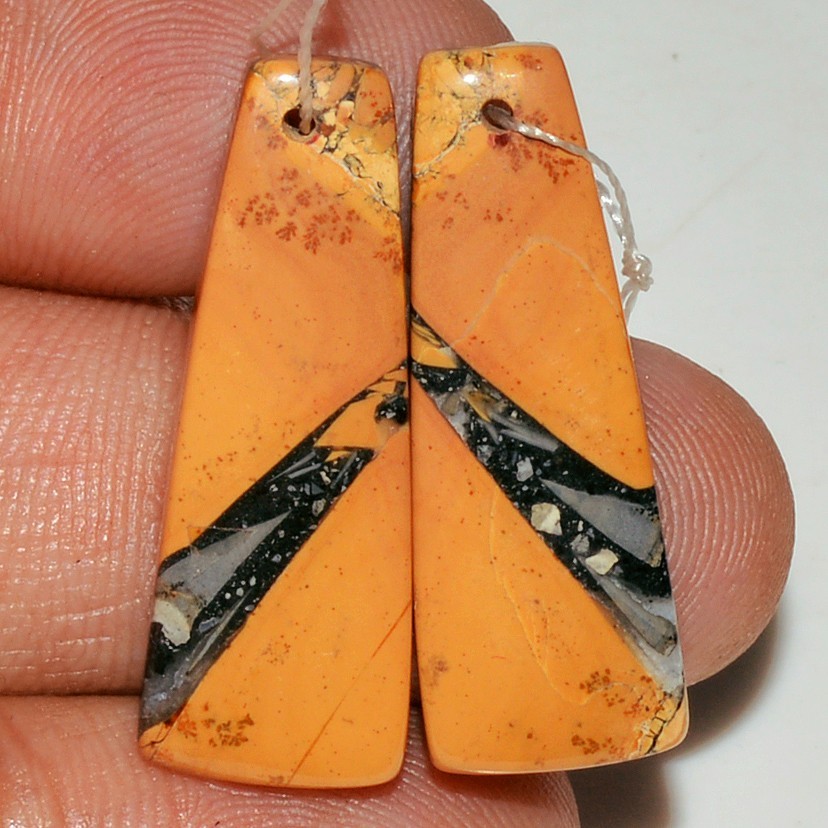 27 cts Natural Maligano Jasper Cabochon Drill Front Earring Pair 30x11mm #P2249