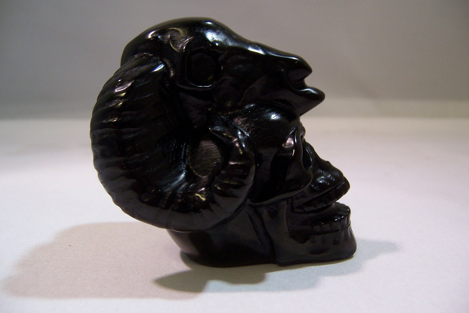 BLACK OBSIDIAN HAND CARVED RAM & HUMAN SKULLS NATURAL CRYSTAL 195g 7oz 3in 7.6cm
