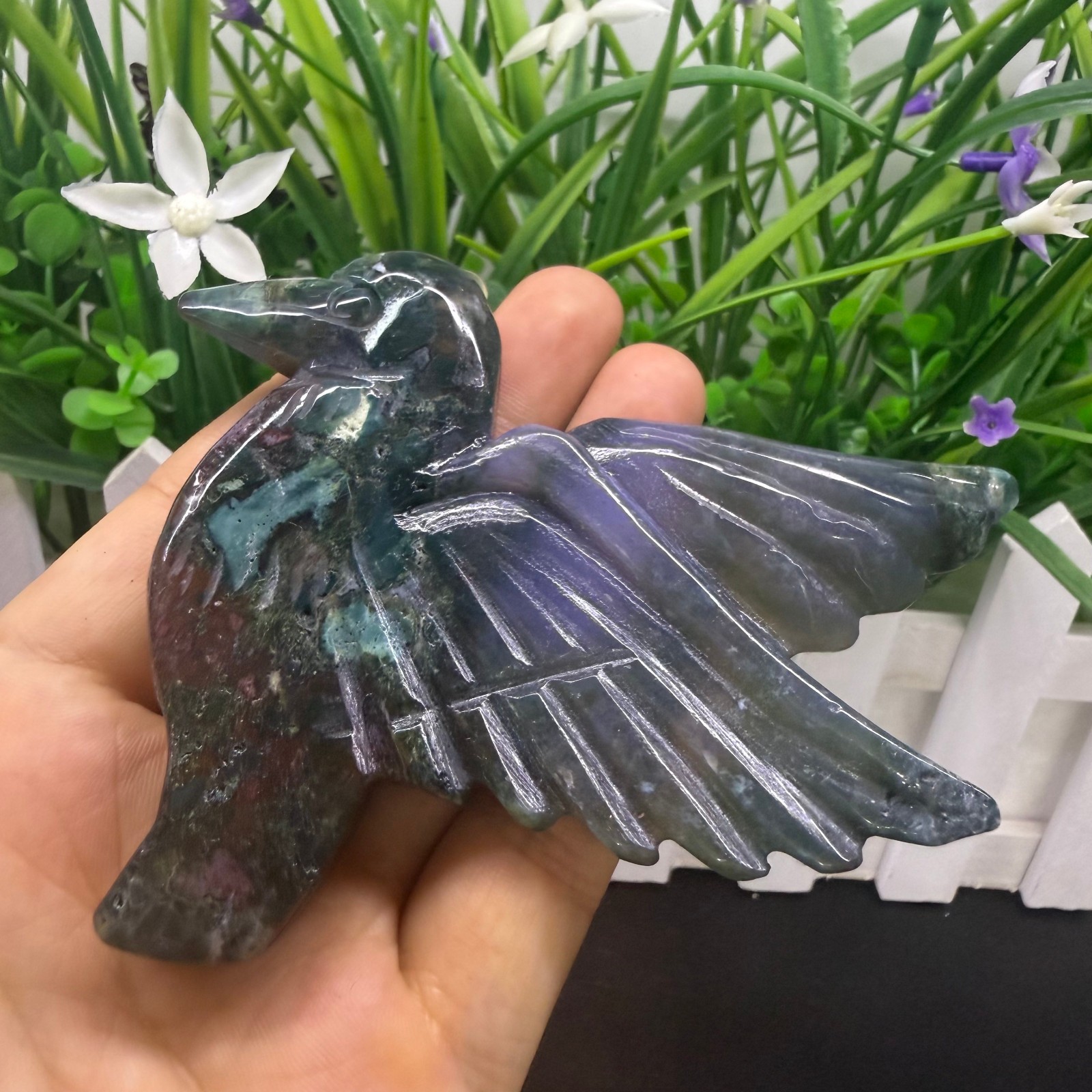 3.7″ natural ocean jasper Hummingbird Carved Reiki Crystal Skull Decor heal Gift