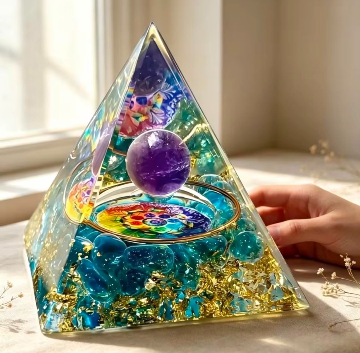 7 Chakra Amethyst Orgonite Pyramid Spiritual Balance Yoga Meditation Decoration