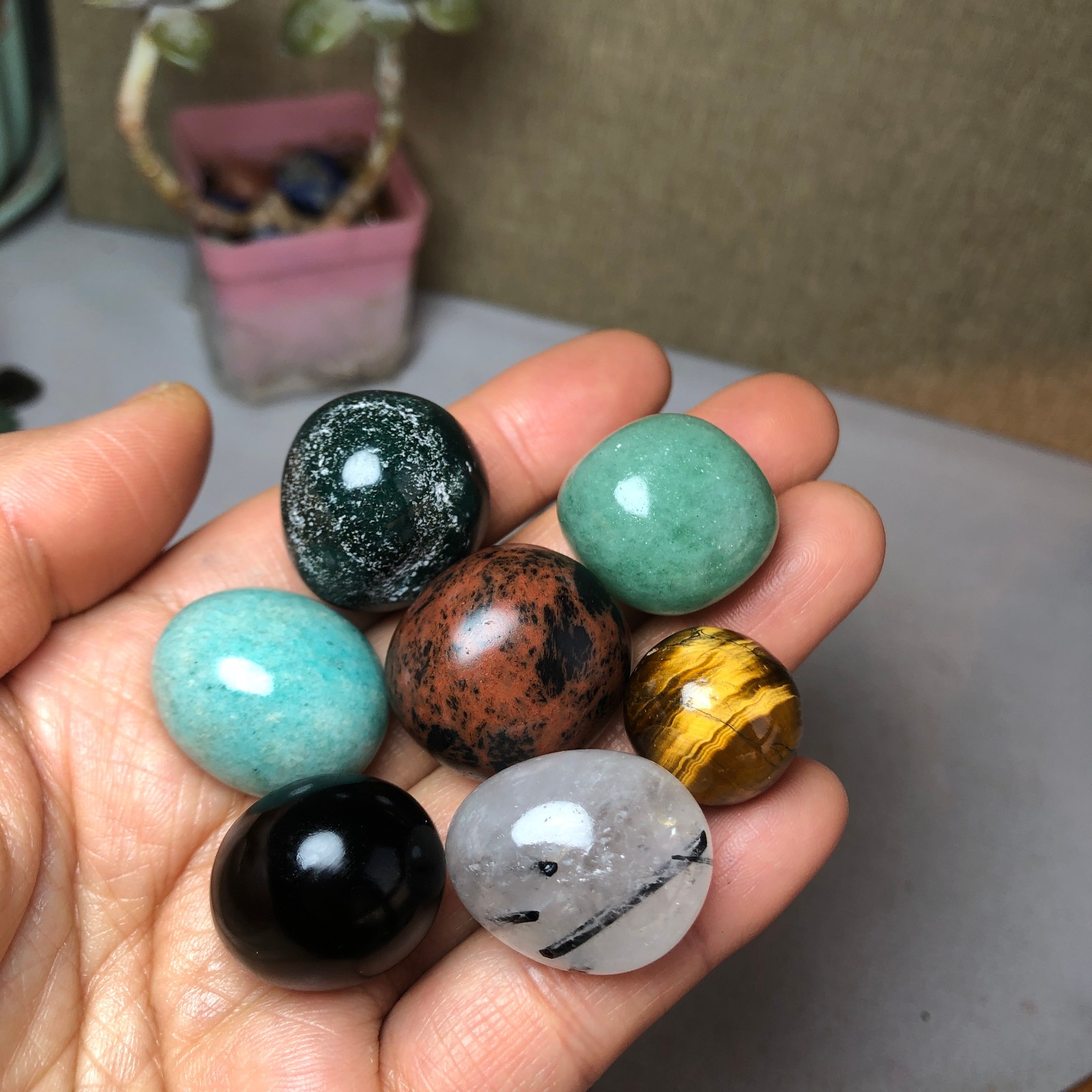 Natural various semi-precious stone Crystal Seven Star Array tumbled 215g A2474