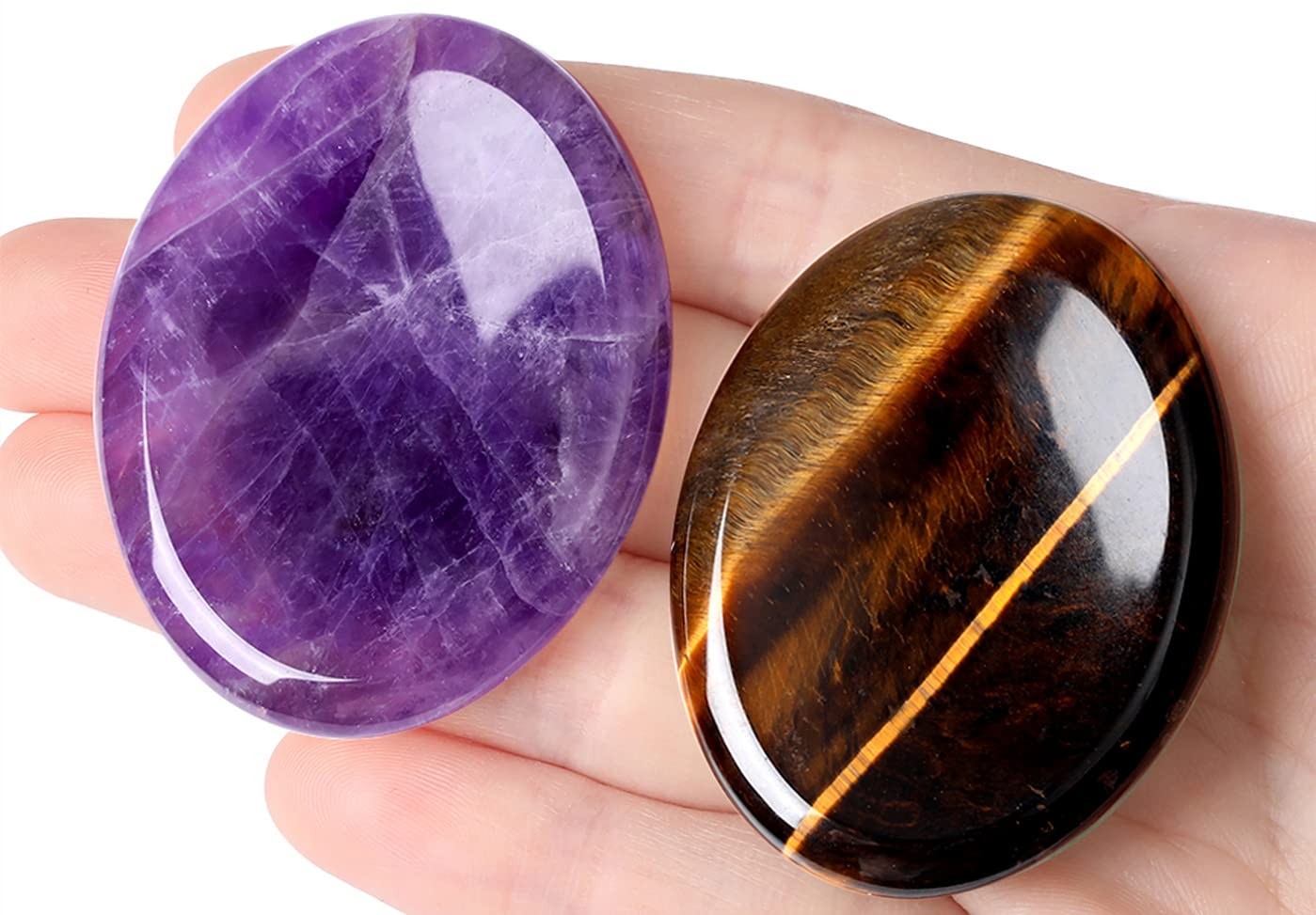 2PCS Worry Stone for Anxiety Tigers Eye Amethyst Healing Crystals Hand Thumb …