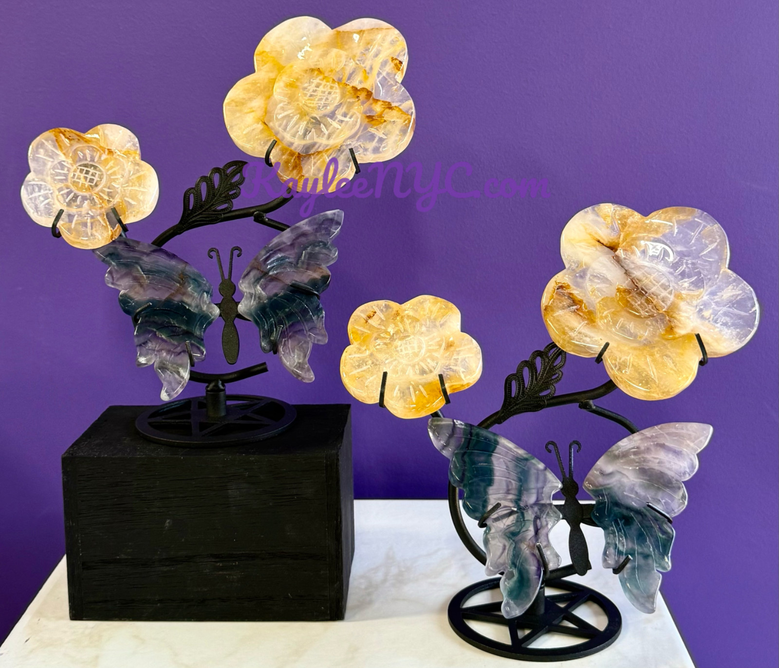 Wholesale Lot 2 Pcs Natural Golden Healer Fluorite Butterfly Flowers W/stand