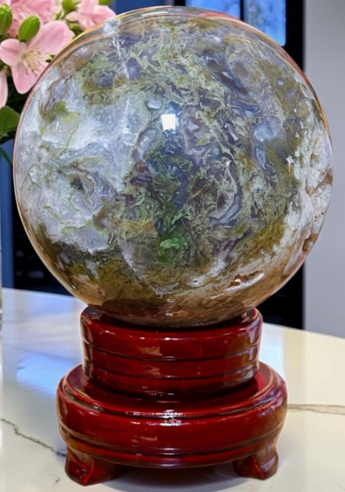 XLarge Moss Agate Sphere 4.5 lb 4” Crystal Ball Druzy Quartz Natural Green