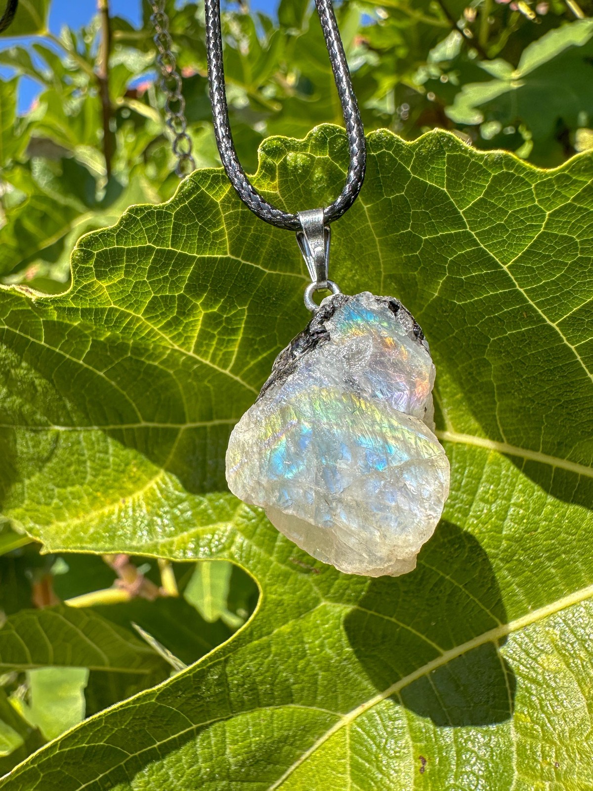 Rough Rainbow Moonstone Pendant / Raw White Blue Moonstone Crystal Necklace