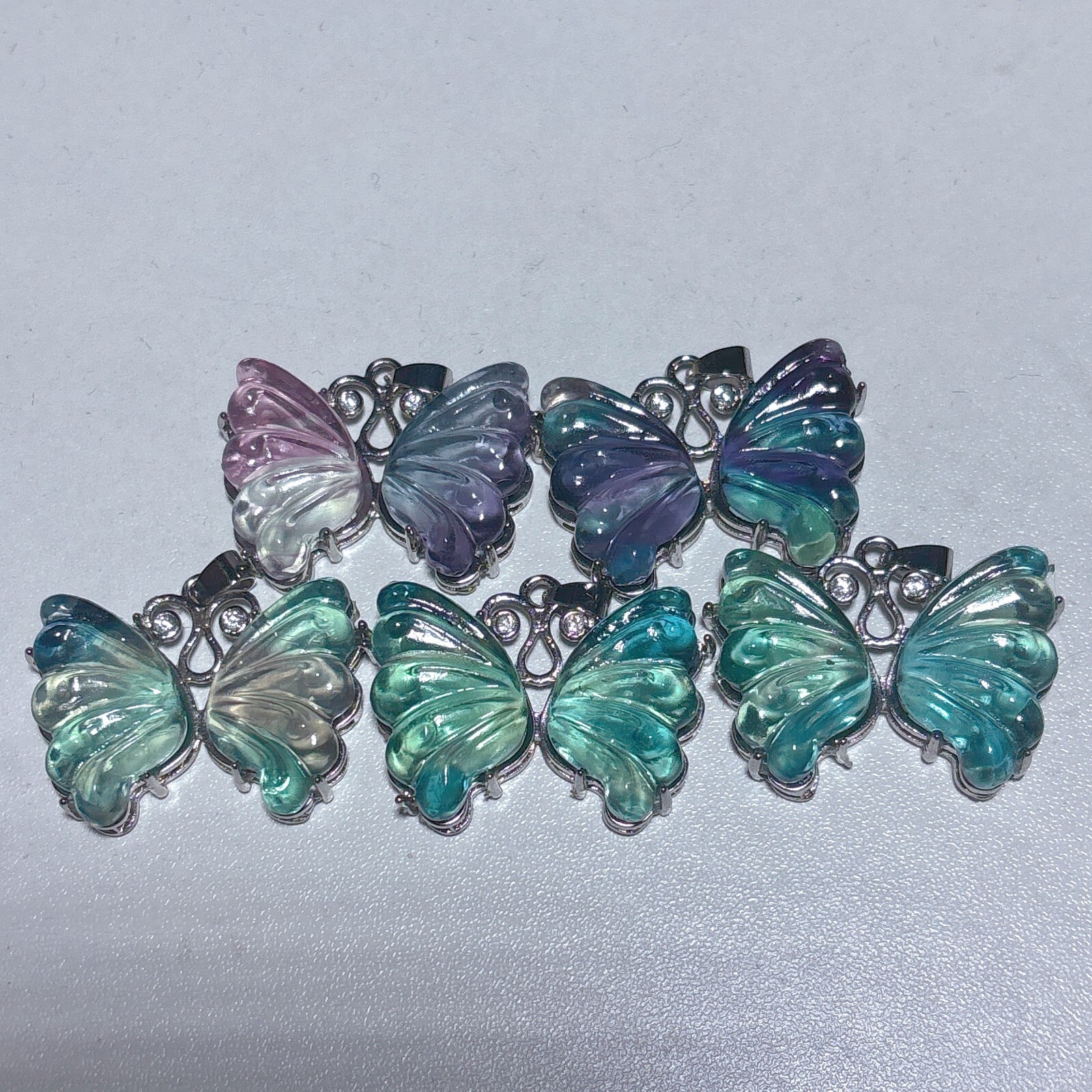 5pc Natural fluorite hand carve butterfly pendant quartz crystal reiki healing