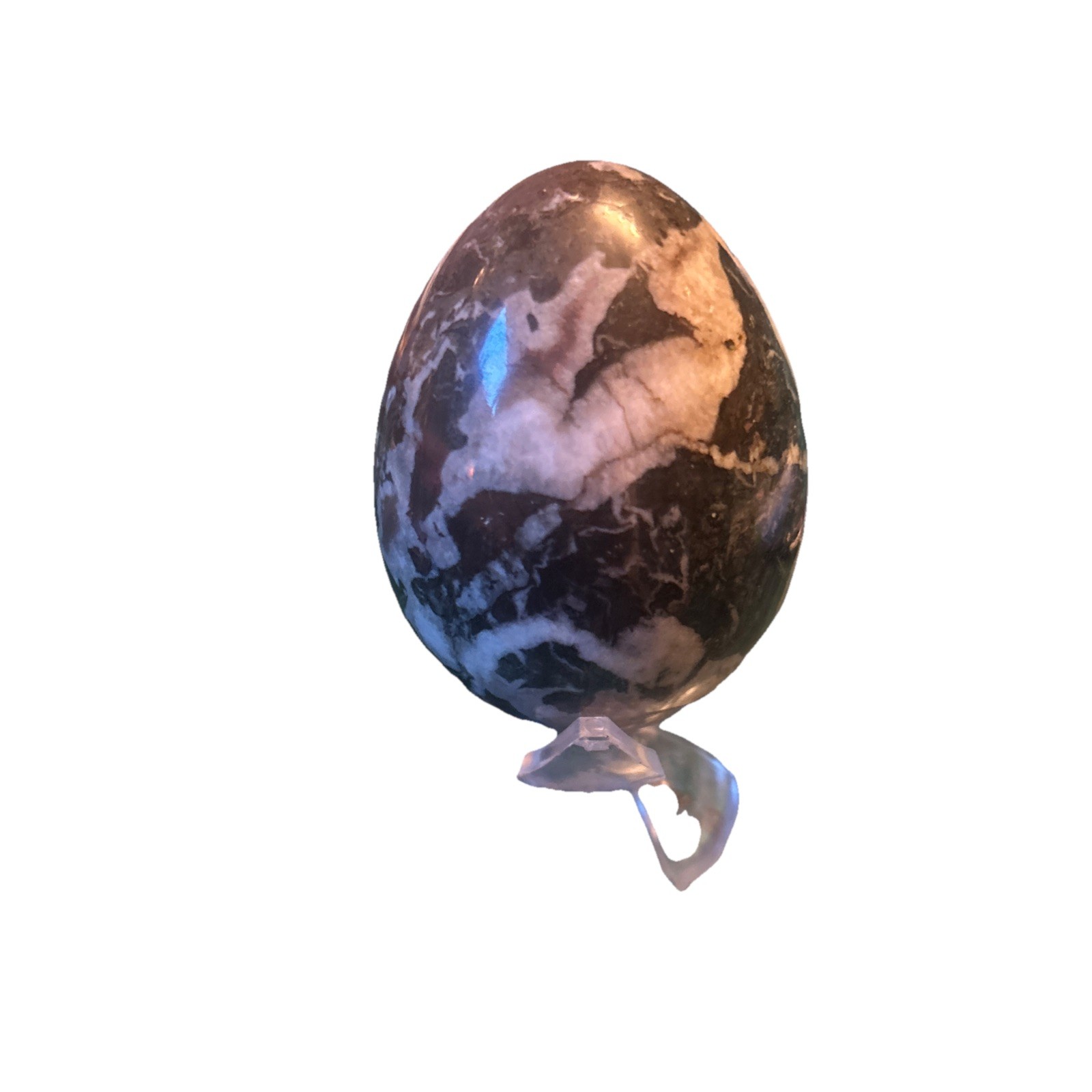 Egg Shaped Black, Gray and White Natural Marble Stone With Clear Stand